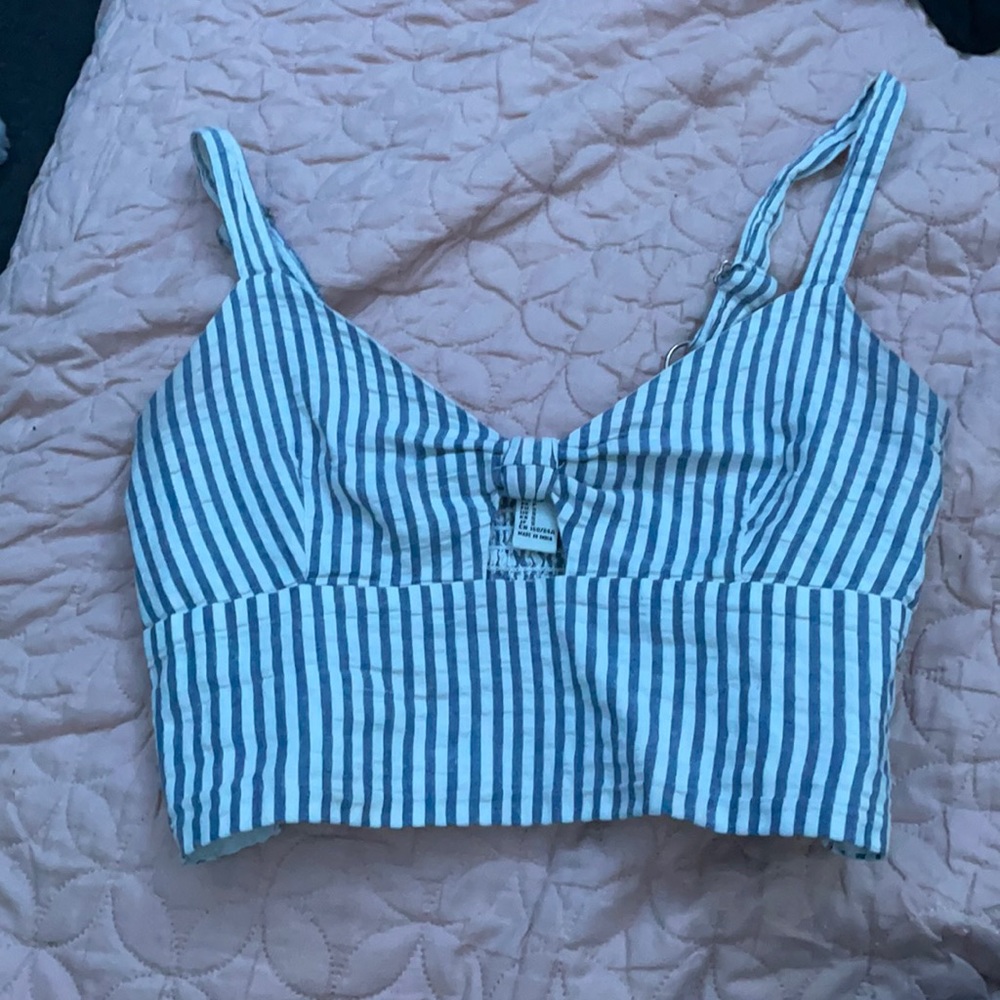 A white and blue tank top
